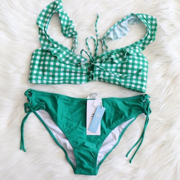 NWT Green and White Gingham Printed Bikini Set Size Small - Picture 3 of 9